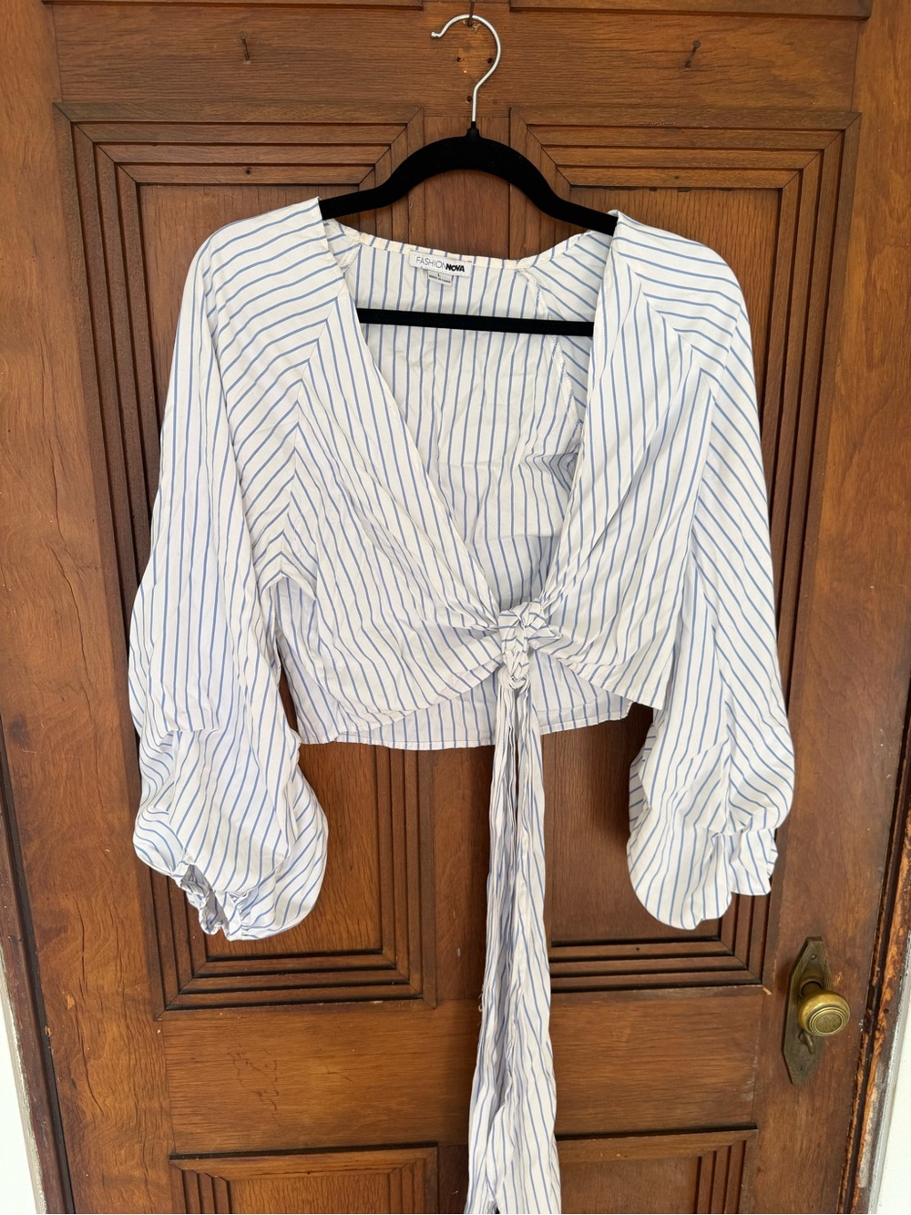 Fashion Nova White Blouse with Blue Pinstripes - Tie Front Crop